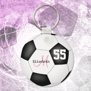 girly black and white soccer ball personalised key ring