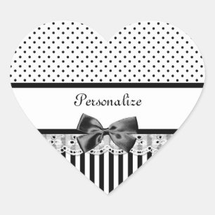Girly Black and White Victorian Stripes With Name Heart Sticker