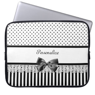Girly Black and White Victorian Stripes With Name Laptop Sleeve