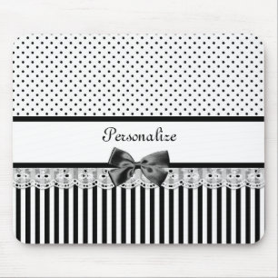 Girly Black and White Victorian Stripes With Name Mouse Mat