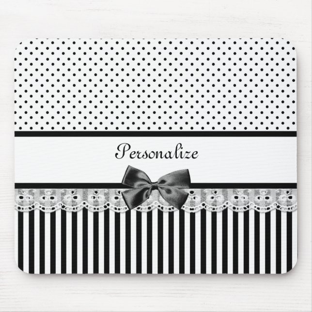 Girly Black and White Victorian Stripes With Name Mouse Mat (Front)