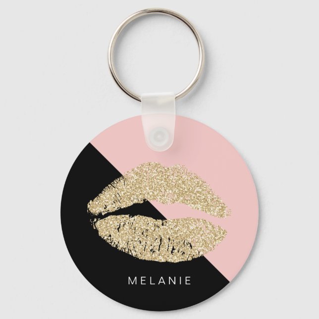 Girly Black Blush Pink Chic Glitter Lips Key Ring (Front)