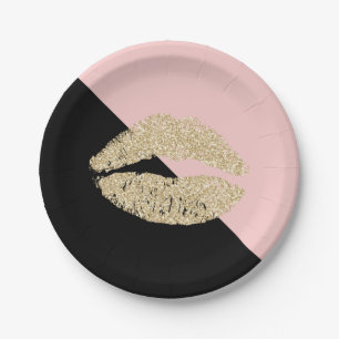 Girly Black Blush Pink Chic Glitter Lips Paper Plate