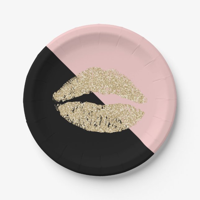 Girly Black Blush Pink Chic Glitter Lips Paper Plate (Front)