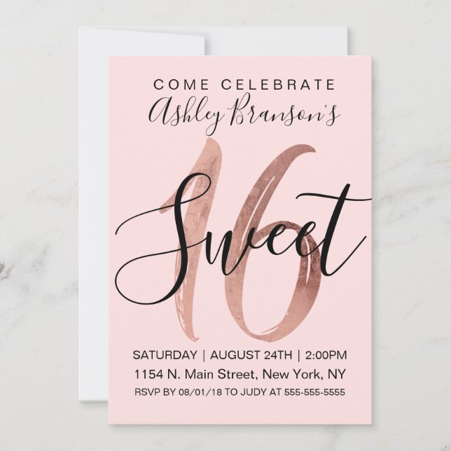Girly Black Blush Pink Rose Gold Foil Sweet 16 Invitation (Front)