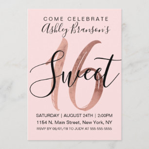 Girly Black Blush Pink Rose Gold Foil Sweet 16 Invitation