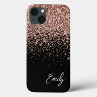 Girly Black Blush Pink Rose Gold Glitter Monogram