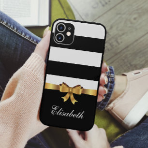Girly Black Bold Stripes Golden BOW personalized iPhone 11 Case