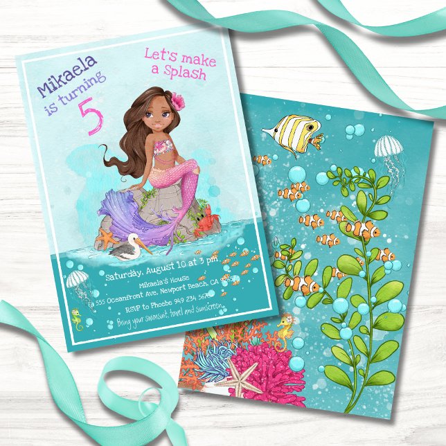 Girly Black Brown Hair Pink Mermaid Birthday Party Invitation (Creator Uploaded)