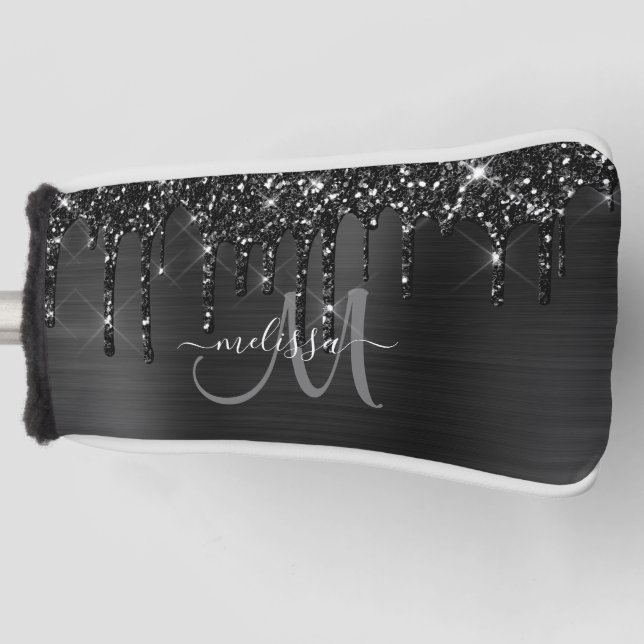 Girly Black Brushed Metal Dripping Glitter Name Golf Head Cover (Front)