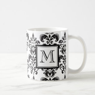 GIRLY BLACK DAMASK PATTERN 2 YOUR INITIAL COFFEE MUG
