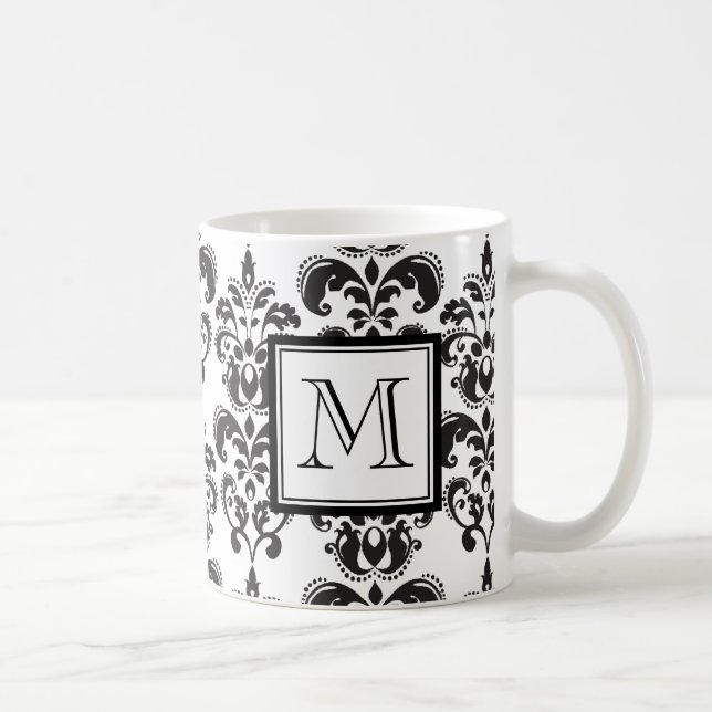 GIRLY BLACK DAMASK PATTERN 2 YOUR INITIAL COFFEE MUG (Right)