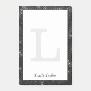 Girly Black Diamond Glitter Glam Monogram Name Post-it Notes