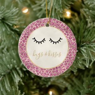 Girly Black Eyelashes Gold Pink Leopard Print Ceramic Tree Decoration