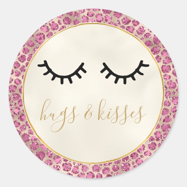 Girly Black Eyelashes Gold Pink Leopard Print Classic Round Sticker (Front)
