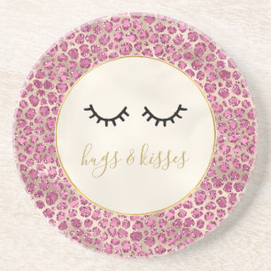 Girly Black Eyelashes Gold Pink Leopard Print Coaster