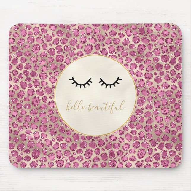 Girly Black Eyelashes Gold Pink Leopard Print Mouse Mat (Front)