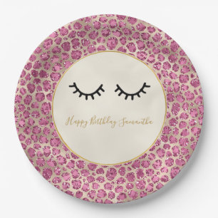 Girly Black Eyelashes Gold Pink Leopard Print Paper Plate