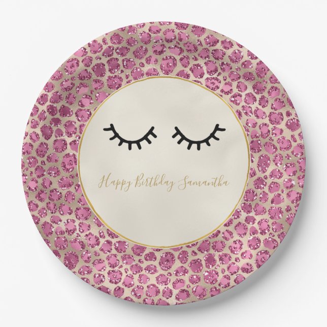 Girly Black Eyelashes Gold Pink Leopard Print Paper Plate (Front)
