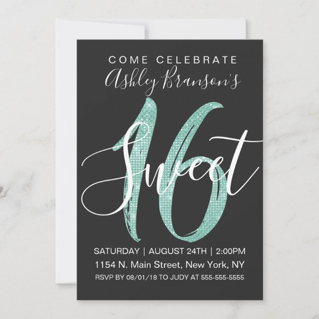 Girly Black Faux Mint Teal Sequin Glitter Sweet 16 Invitation (Front)