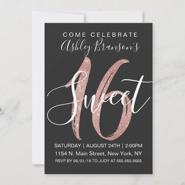Girly Black Faux Rose Gold Sequin Glitter Sweet 16 Invitation (Front)