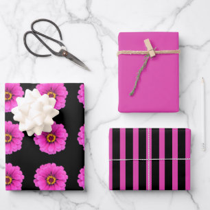 Girly Black Fuchsia Stripes and Flower  Wrapping Paper Sheet