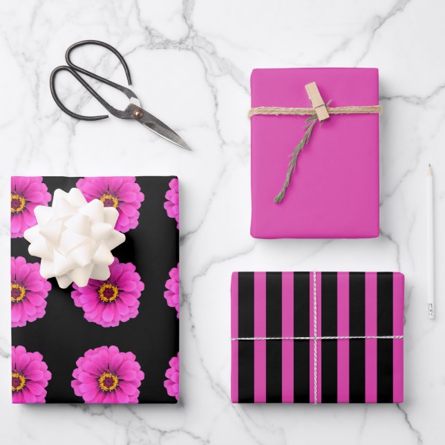 Girly Black Fuchsia Stripes and Flower  Wrapping Paper Sheet (Front)