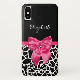 Girly Black Giraffe Animal Print Cute Hot Pink Bow iPhone X Case