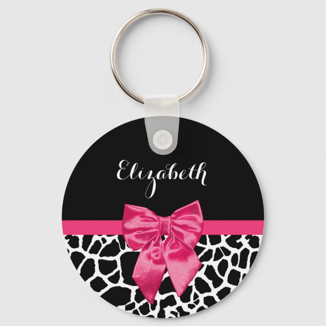 Girly Black Giraffe Animal Print Cute Hot Pink Bow Key Ring (Front)