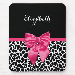 Girly Black Giraffe Animal Print Cute Hot Pink Bow Mouse Mat