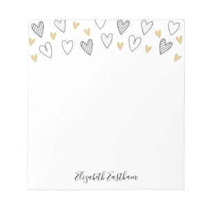 Girly Black Gold Heart Feminine Script Notepad