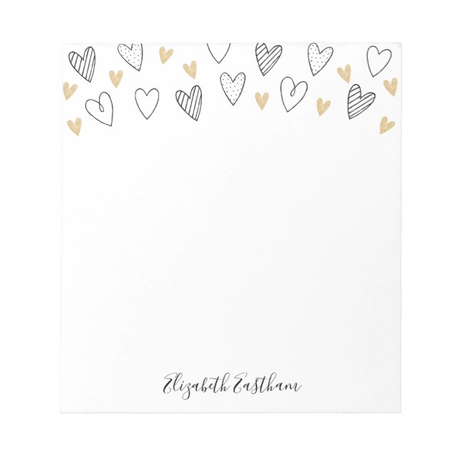 Girly Black Gold Heart Feminine Script Notepad (Front)