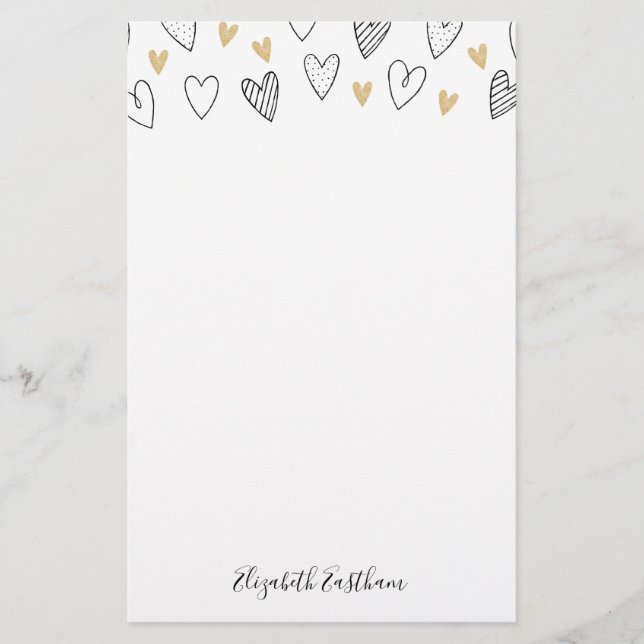Girly Black Gold Heart Feminine Script Stationery (Front)
