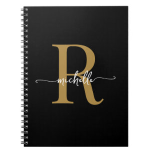Girly Black Gold Modern Script Monogram Name Notebook