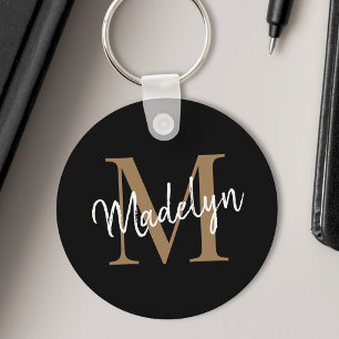 Girly Black Gold Monogram Name Elegant Chic Script Key Ring