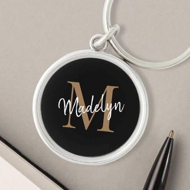 Girly Black Gold Monogram Name Elegant Chic Script Key Ring (Personalized black gold keychain with your name and initials in a modern girly script font.)