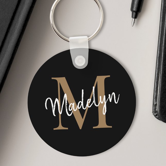 Girly Black Gold Monogram Name Elegant Chic Script Key Ring (Creator Uploaded)