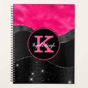 Girly Black Gray Hot Pink Waves Glam Monogram Name Planner
