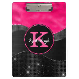 Girly Black Grey Hot Pink Waves Glam Monogram Name Clipboard