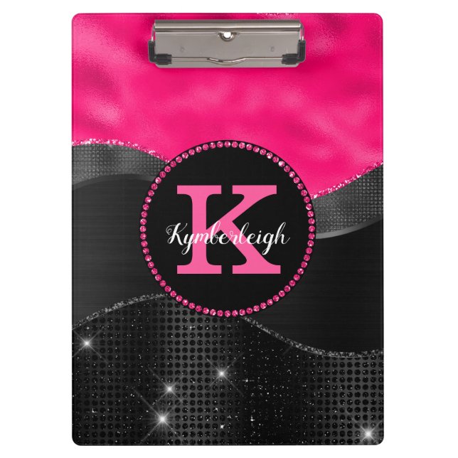 Girly Black Grey Hot Pink Waves Glam Monogram Name Clipboard (Front)