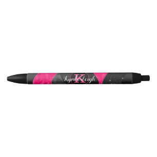 Girly Black Grey Hot Pink Waves Glam Monogram Name Ink Pen