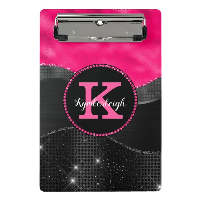 Girly Black Grey Hot Pink Waves Glam Monogram Name Mini Clipboard (Front)