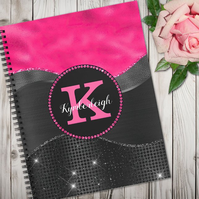 Girly Black Grey Hot Pink Waves Glam Monogram Name Notebook (Creator Uploaded)