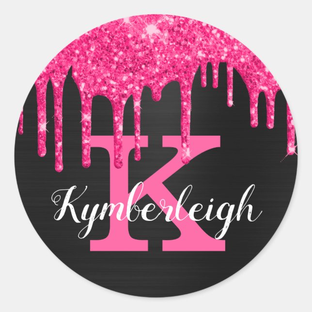 Girly Black Hot Pink Glitter Drips Classic Round Sticker (Front)