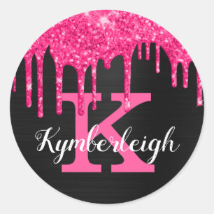 Girly Black Hot Pink Glitter Drips Classic Round Sticker