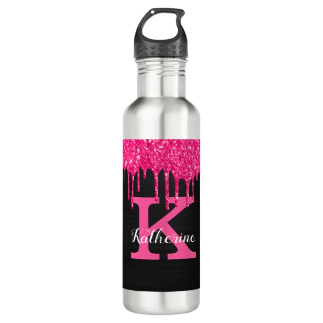 Girly Black Hot Pink Glitter Drips Monogram Name 710 Ml Water Bottle (Front)