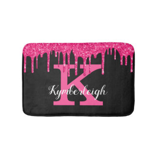 Girly Black Hot Pink Glitter Drips Monogram Name Bath Mat