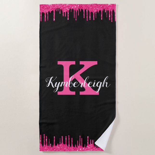 Girly Black Hot Pink Glitter Drips Monogram Name Beach Towel (Front)