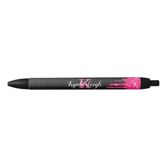 Girly Black Hot Pink Glitter Drips Monogram Name Black Ink Pen (Front)