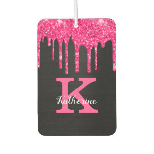 Girly Black Hot Pink Glitter Drips Monogram Name Car Air Freshener